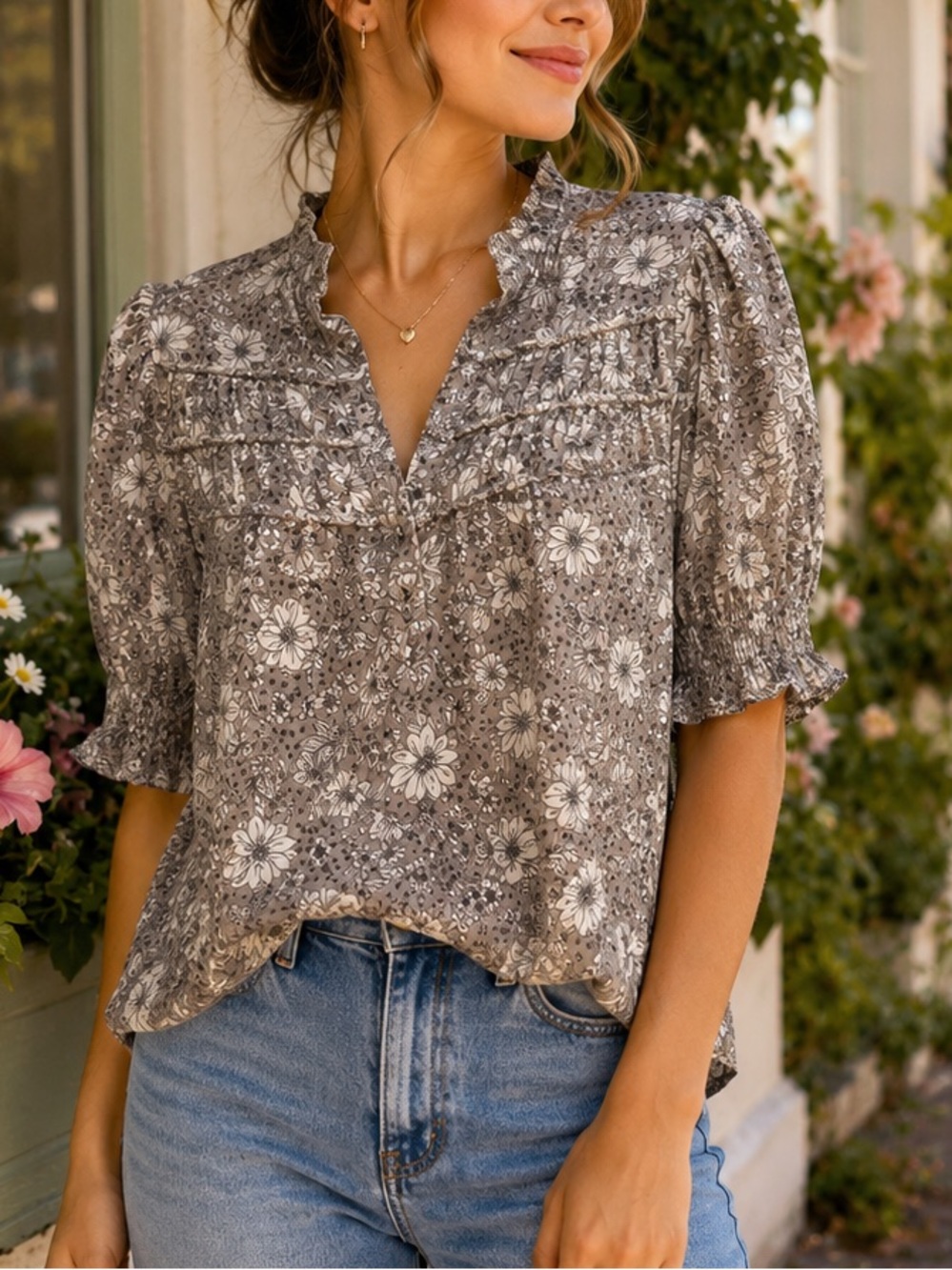 Pleione Floral Pintuck Blouse | Size Small
